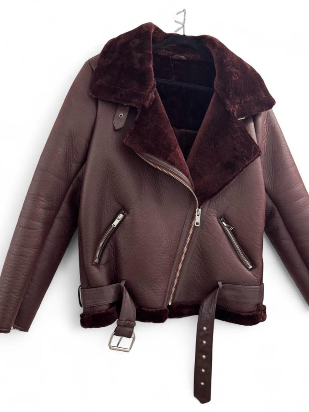 Zara Women's Faux Shearling Moto Jacket - burgundy